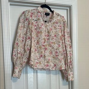 Ralph Lauren Cream and Pink Ruffled Blouse with Peter Pan Collar
